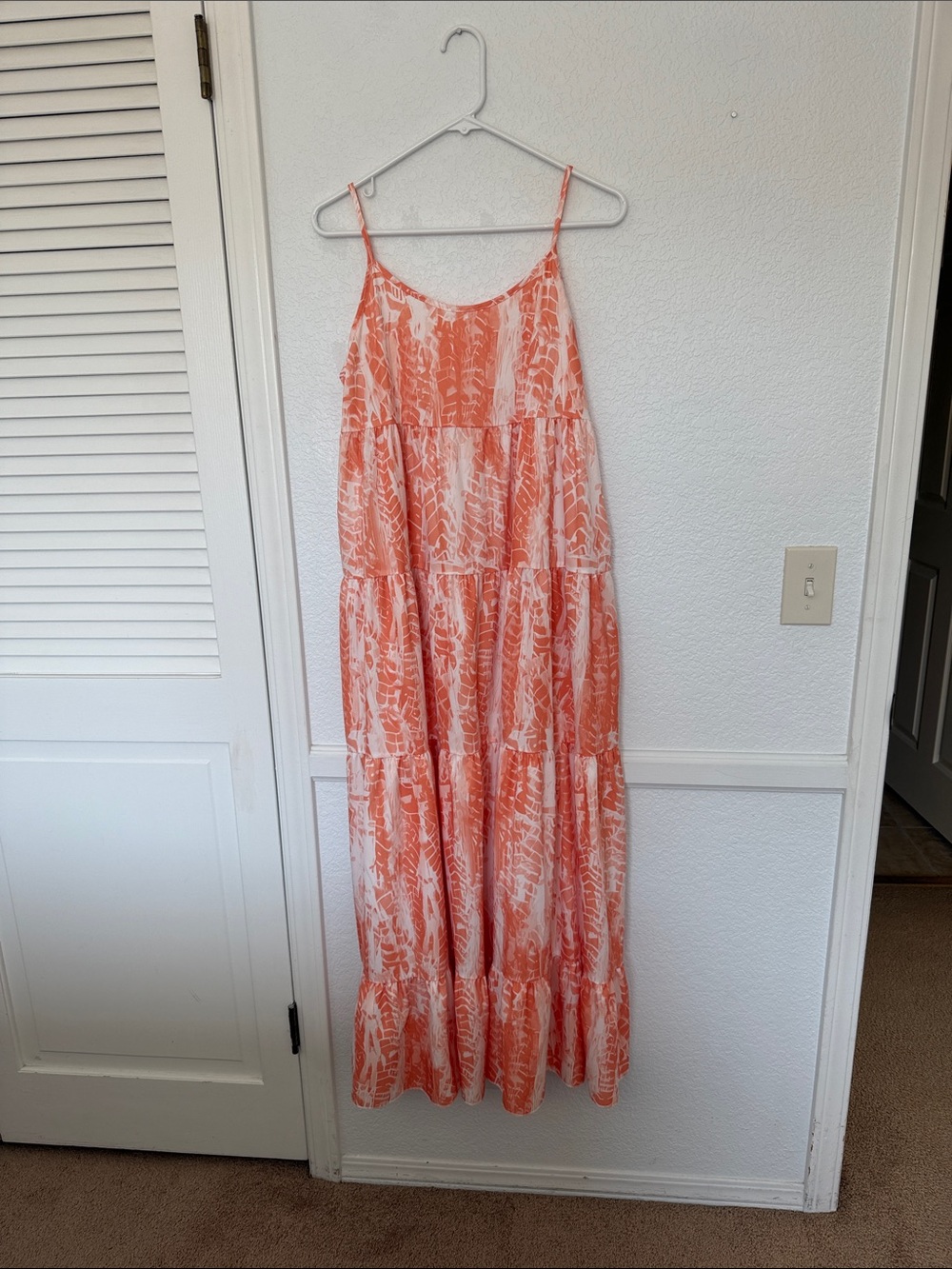 Coral Print Tiered Spaghetti-Strap Maxi Dress